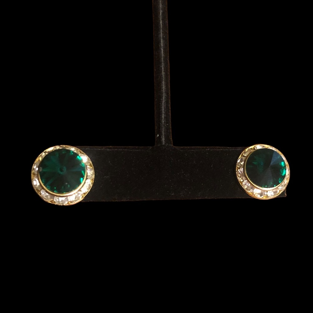 Green and White Crystal Gold tone Earrings